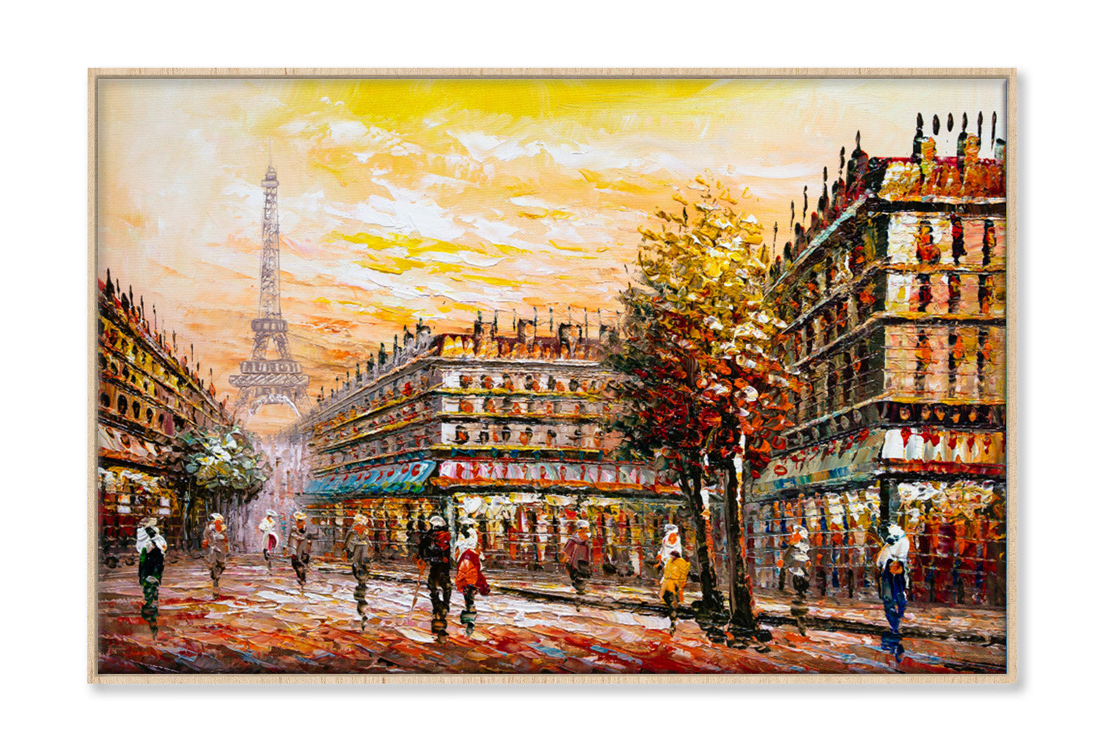 Eiffle Tower People Walking on Street Oil Painting Wall Art Limited Edition High Quality Print Canvas Box Framed Natural