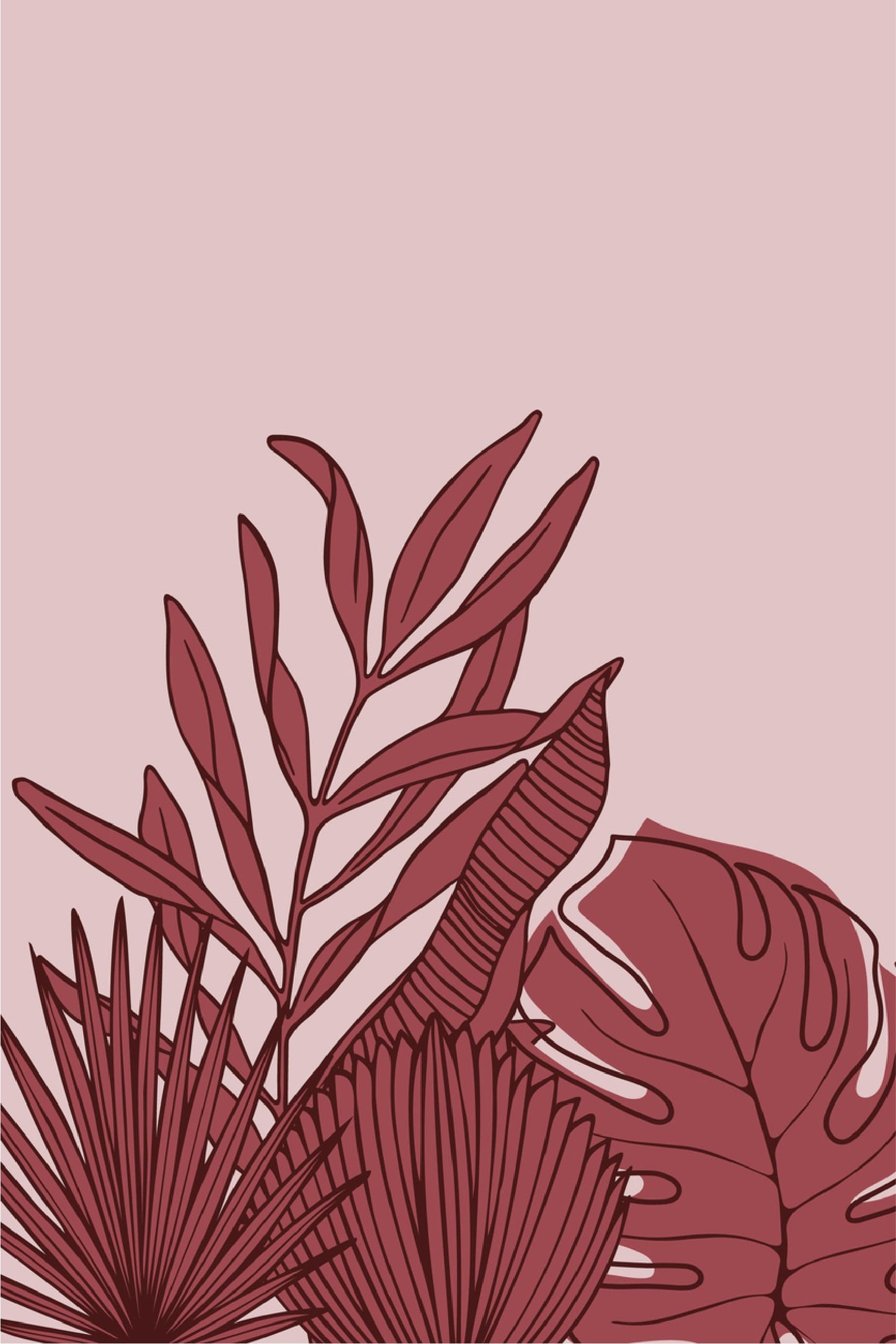 Maroon Leaves & Pink Background Line Art Print 100% Australian Made