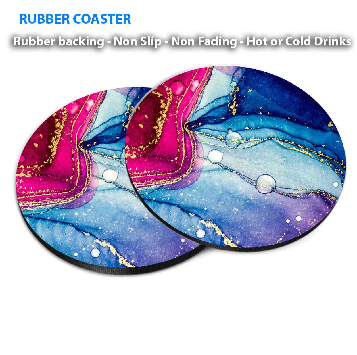 Pink Purple Blue & Gold Abstract Coasters Wood & Rubber - Set of 6 Coasters