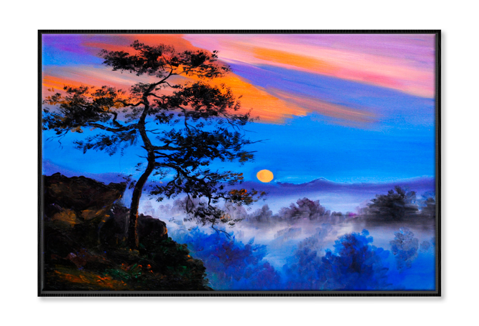 Tree On The Mountain Forest Oil Painting Wall Art Limited Edition High Quality Print Canvas Box Framed Black