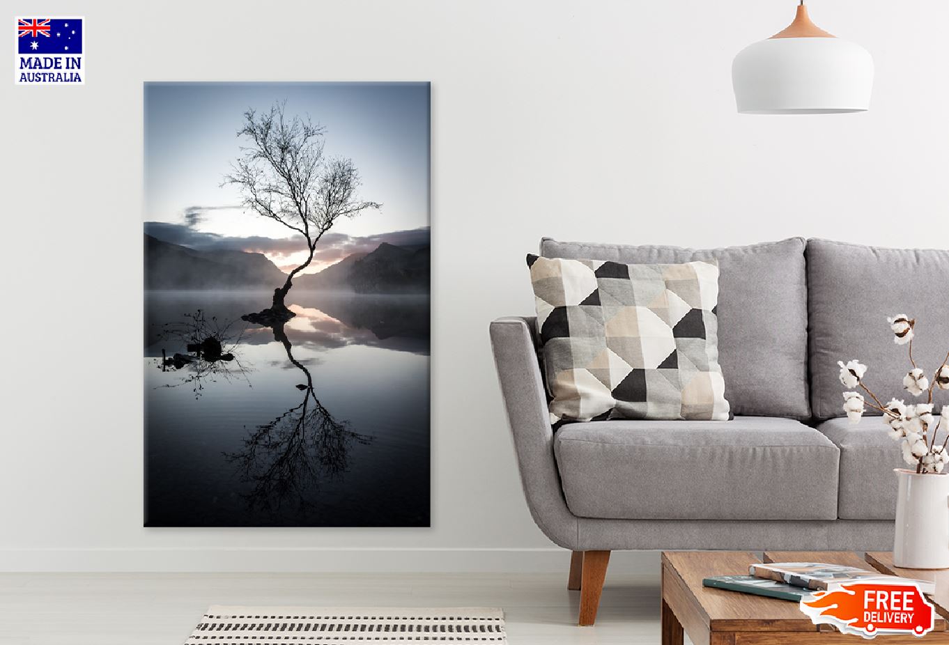 Leafless Tree on Lake & Mountains Photograph Print 100% Australian Made