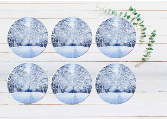 Road & Trees With Snow on Winter Coasters Wood & Rubber - Set of 6 Coasters