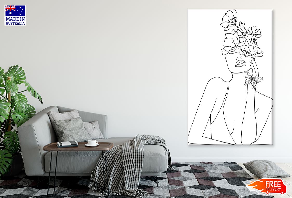 Flowers & Woman Face B&W Line Art Design Print 100% Australian Made