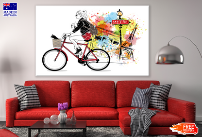 Lady Riding a Bicycle With a Coffe Cup in Hand Painting Print 100% Australian Made