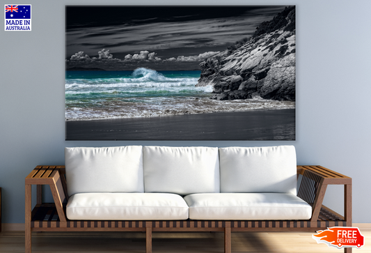 Stunning Beach View With Rock Dark B&W Photography Print 100% Australian Made