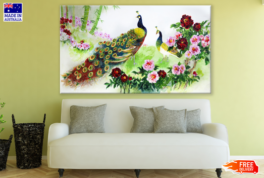Peacocks & Flower Garden Painting Print 100% Australian Made