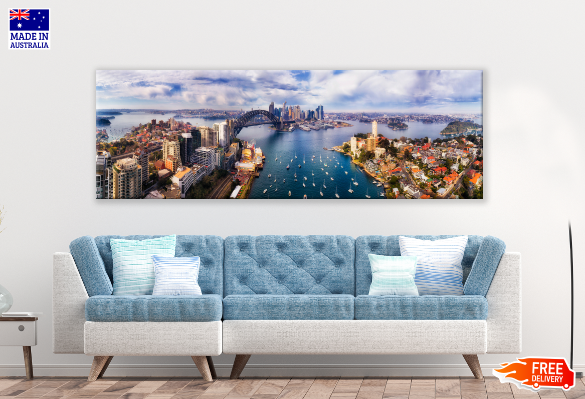 Panoramic Canvas Sydney City Skyline View High Quality 100% Australian made wall Canvas Print ready to hang