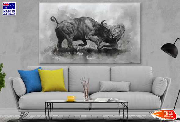 Buffalo & Lion Fighting B&W Painting Print 100% Australian Made