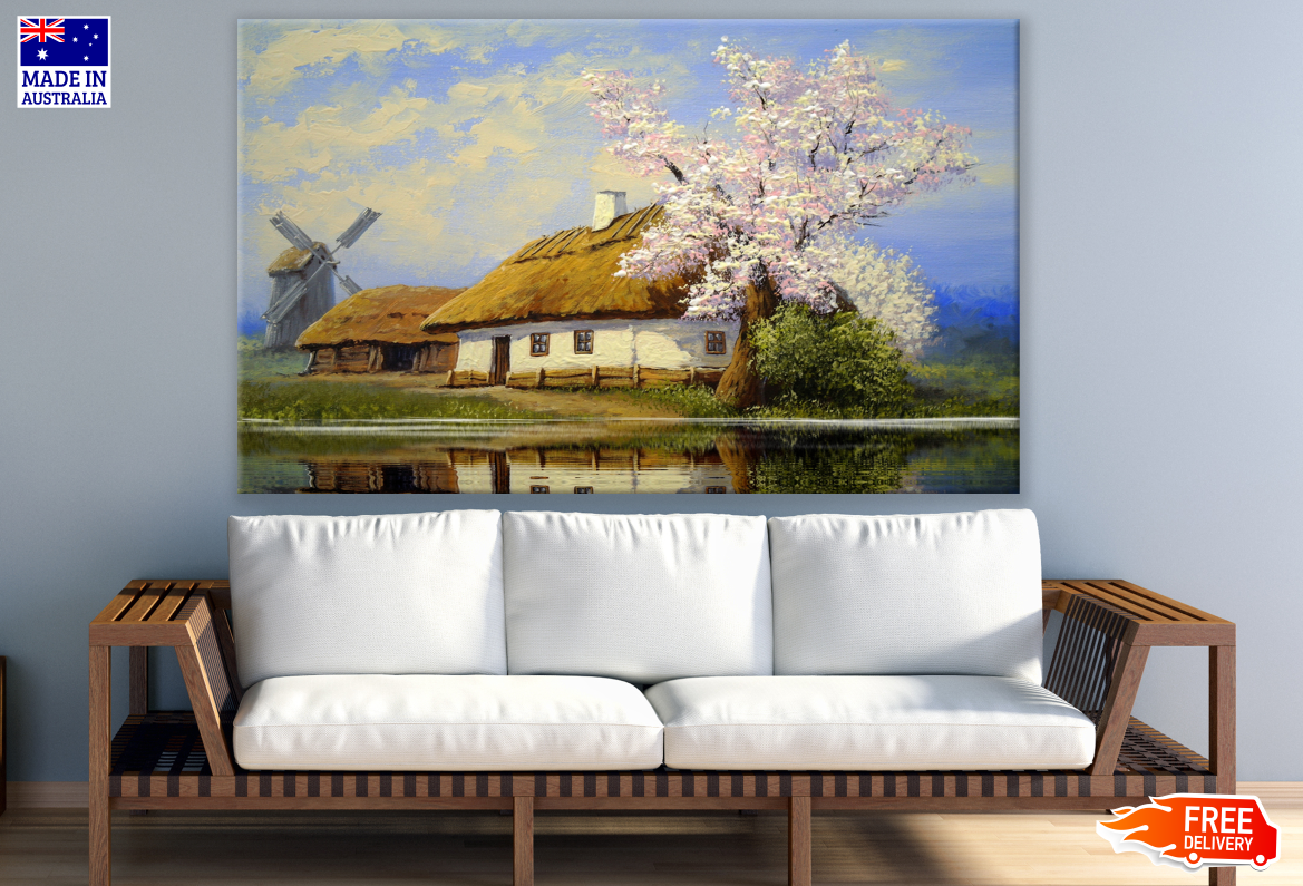 Village Houses & Windmill With Flower Trees Painting Print 100% Australian Made