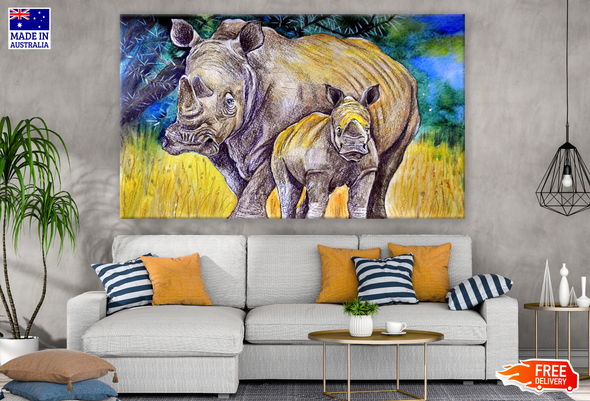 Rhinoceros Mother & Baby Walking Painting Print 100% Australian Made
