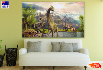 Dinosaurs Near A Lake Painting Print 100% Australian Made