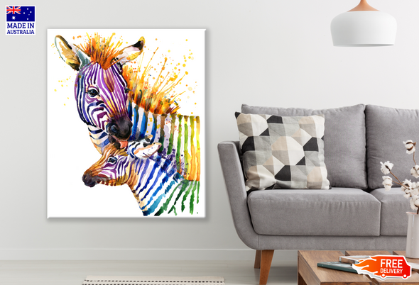Colourful Watercolour Zebras Portrait Painting Print 100% Australian Made