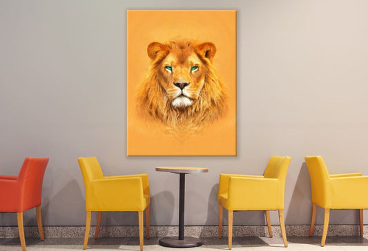 Lion Portrait on an Orange Background Painting Print 100% Australian Made