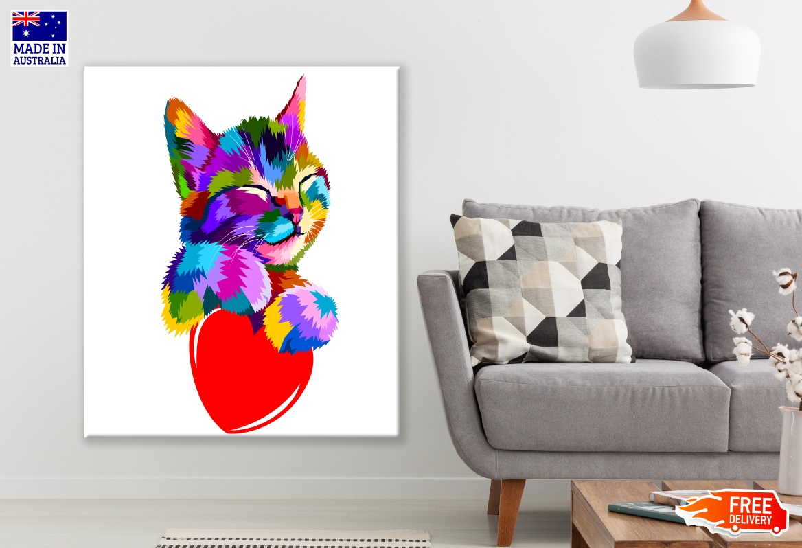 Abstract Colourful Cat with Heart Painting Print 100% Australian Made