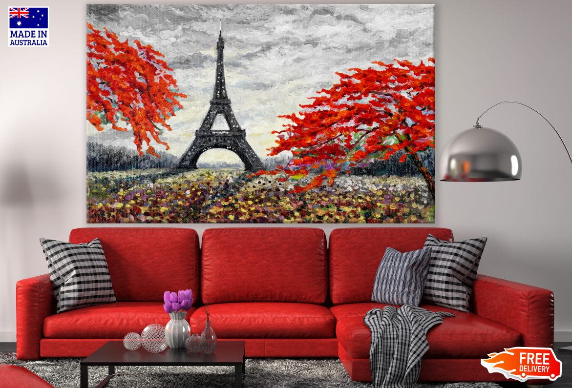 Eiffel Tower & Flower Trees Painting Print 100% Australian Made