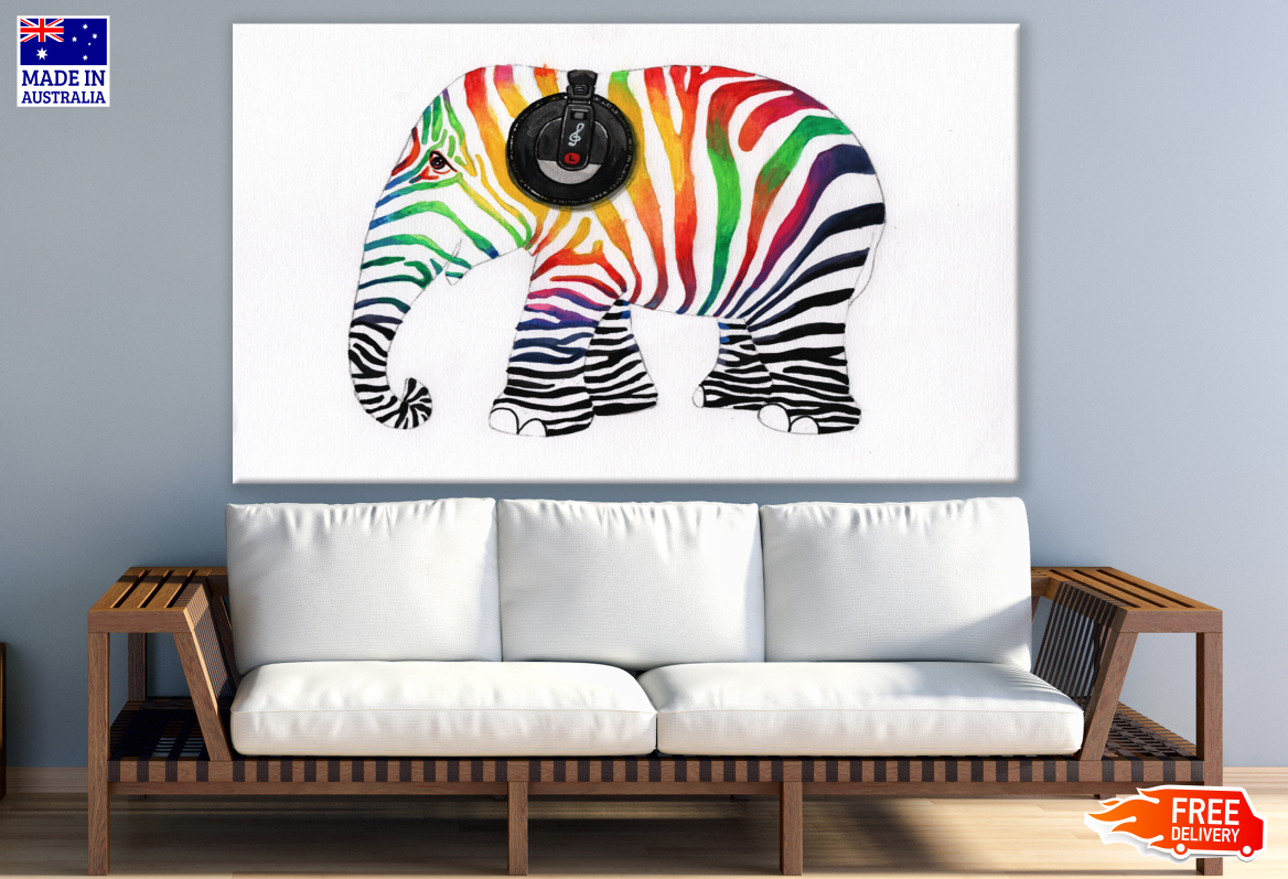 Colourful Stripe Elephant with Headphones Painting Print 100% Australian Made