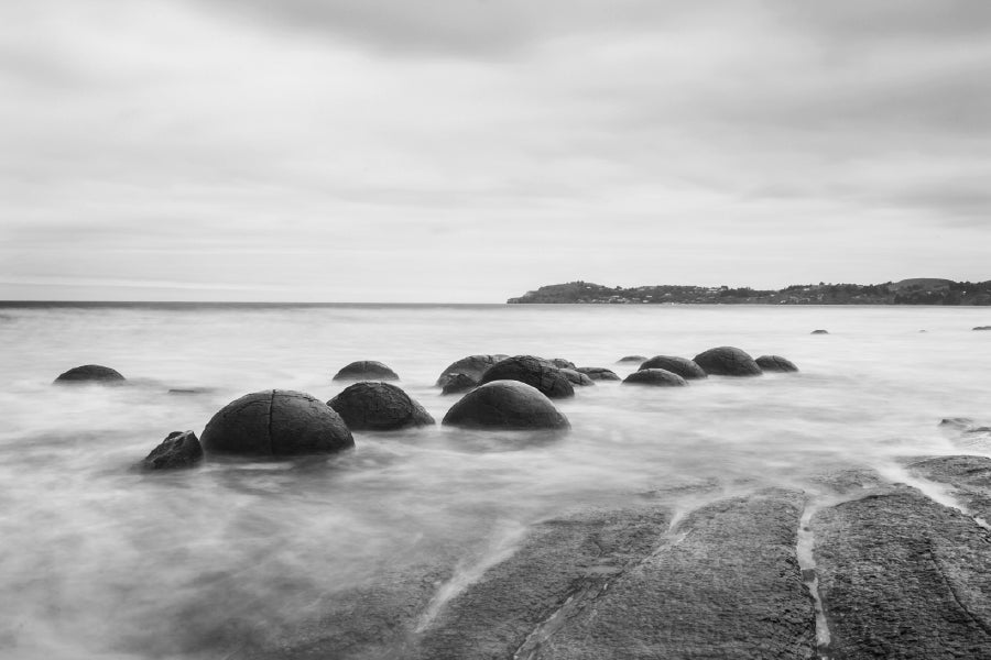 Rocks on Seashore Waves B&W View Photograph Print 100% Australian Made