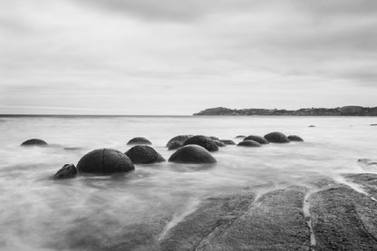 Rocks on Seashore Waves B&W View Photograph Print 100% Australian Made