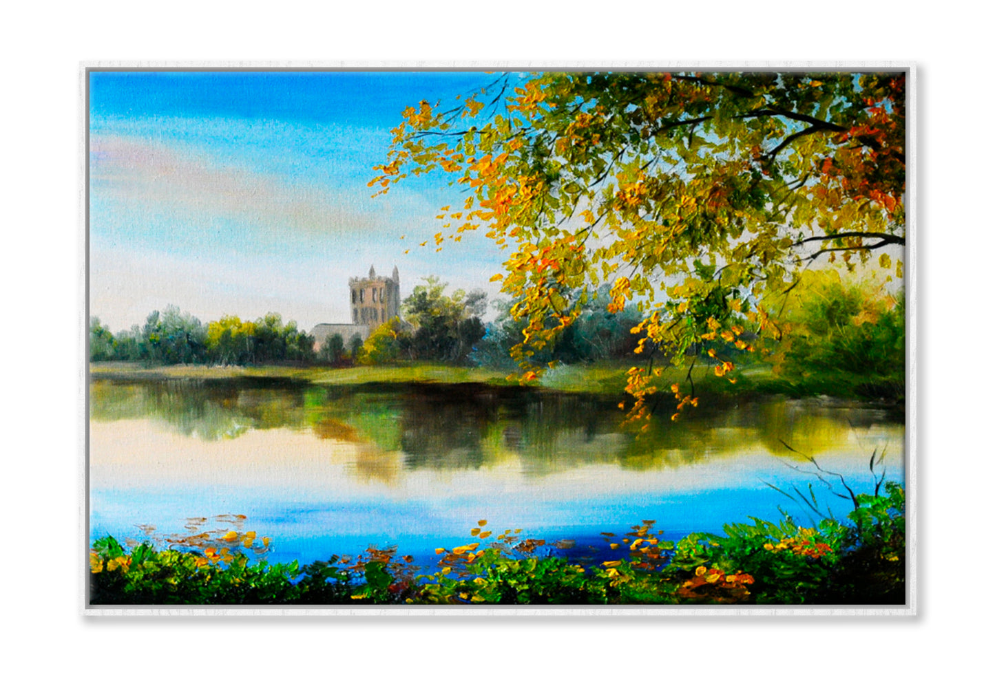 Castle Near Lake, Tree Over The Water Oil Painting Wall Art Limited Edition High Quality Print Canvas Box Framed White