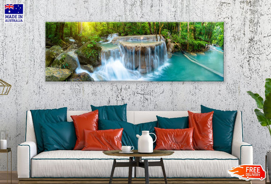 Panoramic Canvas Forest Rocky Waterfall View Scenery High Quality 100% Australian Made Wall Canvas Print Ready to Hang