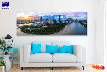 Panoramic Canvas Brisbane Skyline With Buildings High Quality 100% Australian Made Wall Canvas Print Ready to Hang