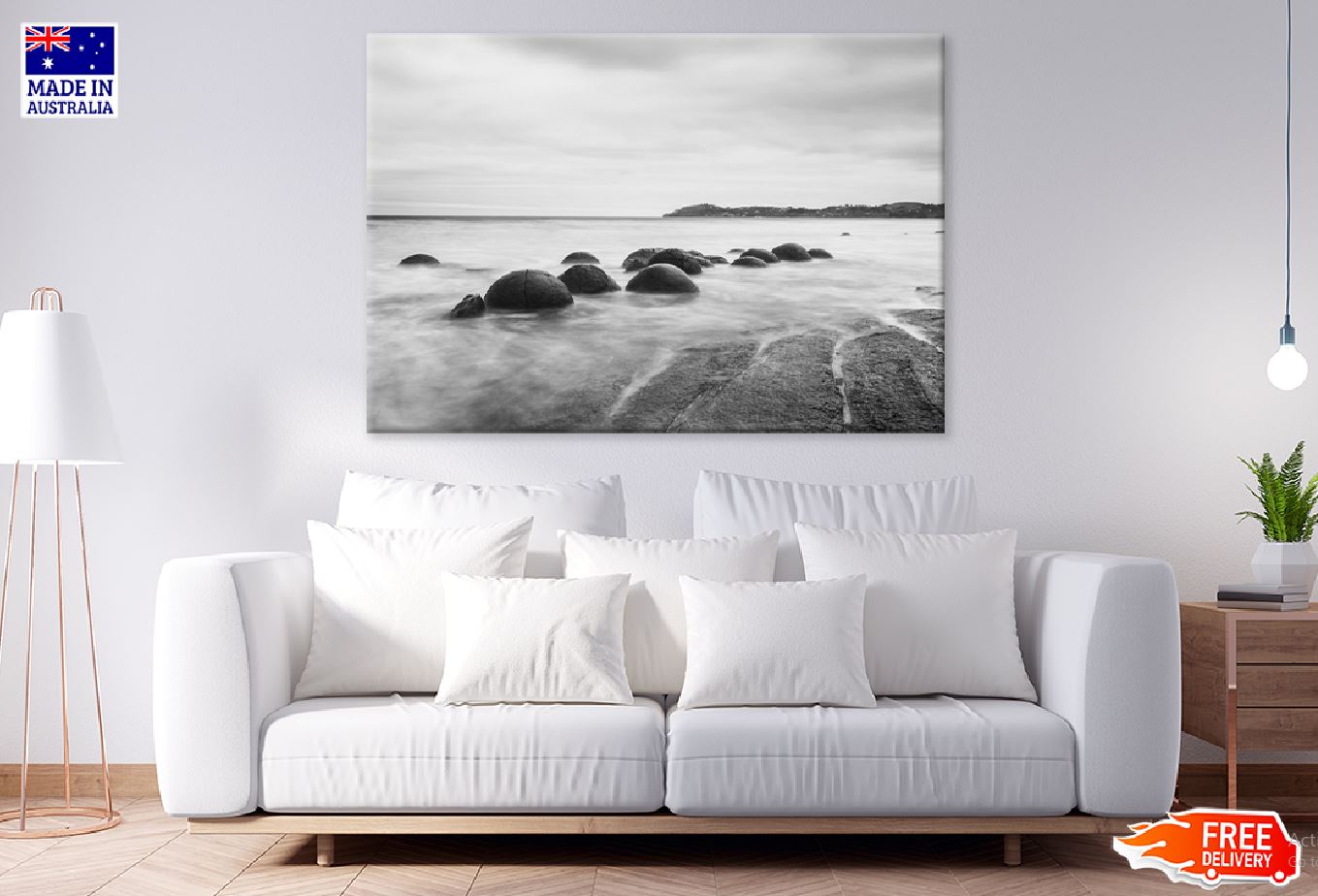 Rocks on Seashore Waves B&W View Photograph Print 100% Australian Made