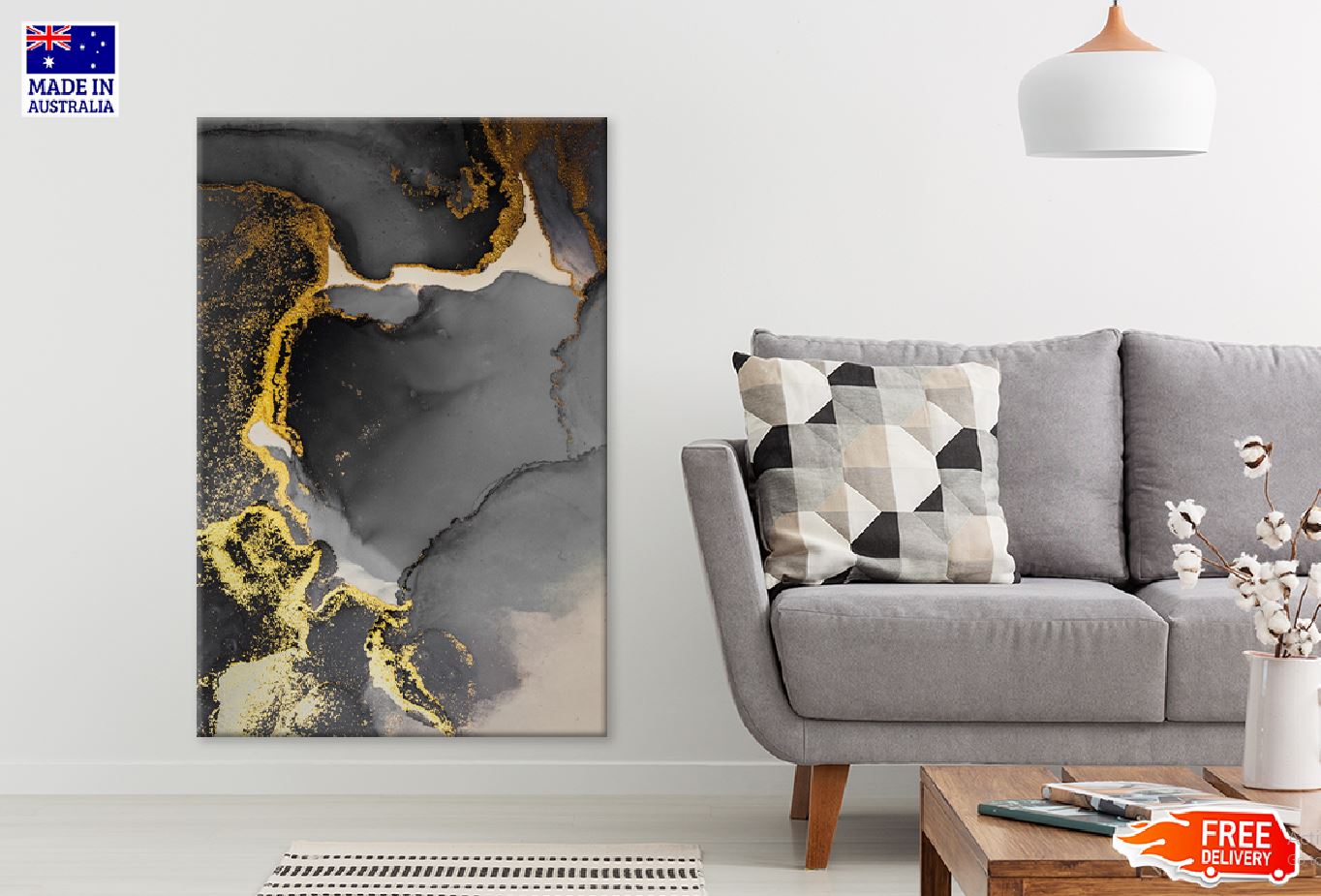 Dark Black & Gold Ink Abstract Design Print 100% Australian Made