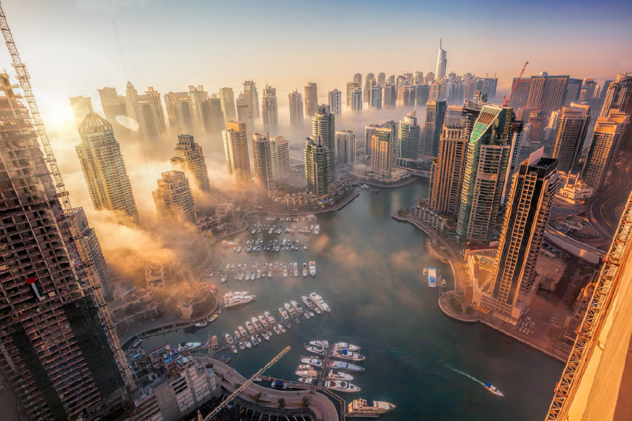 Dubai Marina with Sunset Aerial View Photograph Print 100% Australian Made