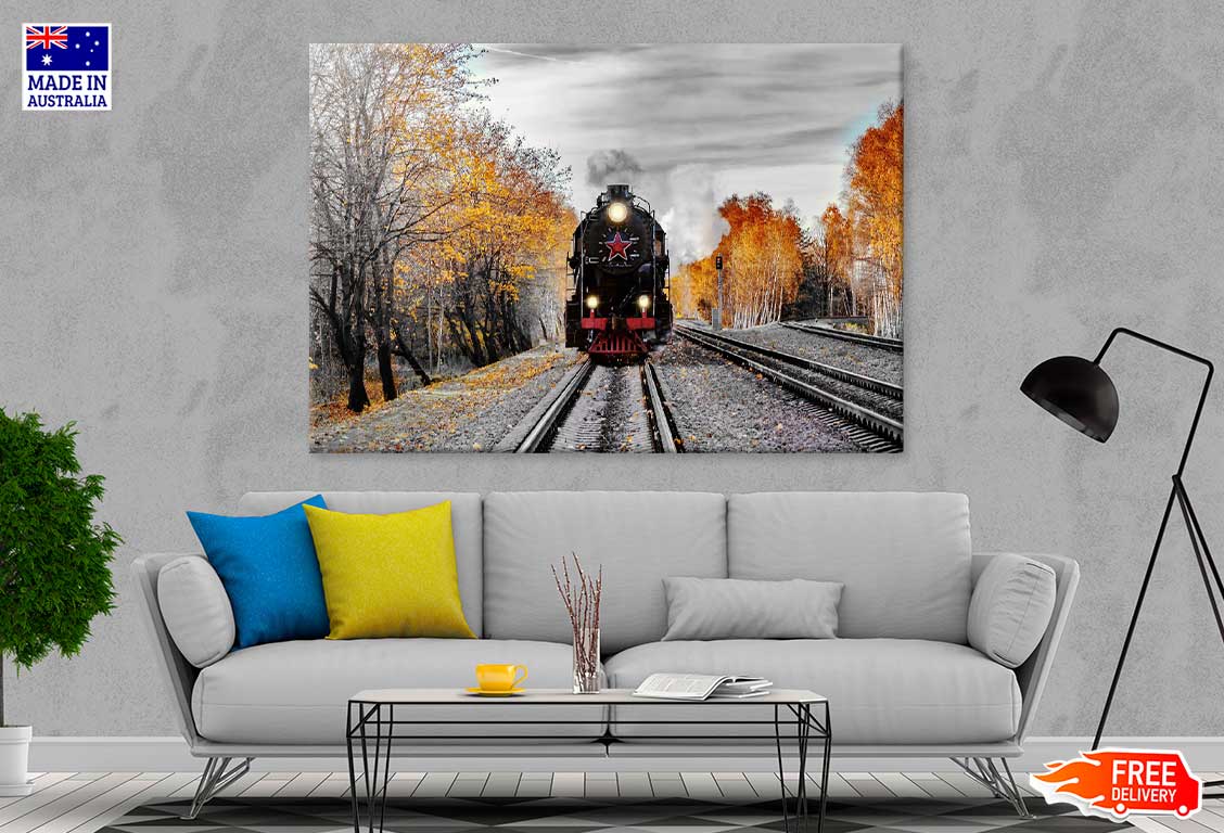 B&W Train & Autumn Trees View Photograph Print 100% Australian Made