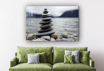 Zen Rocks near Lake Print Tempered Glass Wall Art 100% Made in Australia Ready to Hang