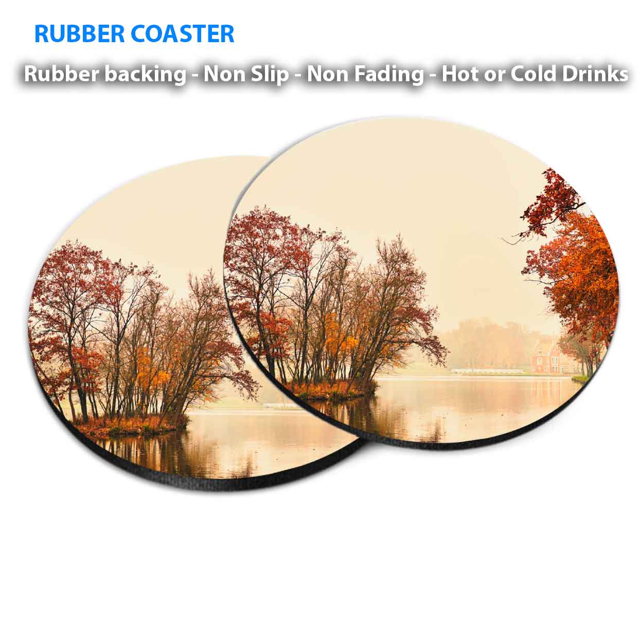 Autumn Lake in The Park Evening View Coasters Wood & Rubber - Set of 6 Coasters