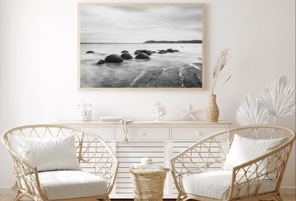 Rocks on Seashore Waves B&W View Photograph Home Decor Premium Quality Poster Print Choose Your Sizes