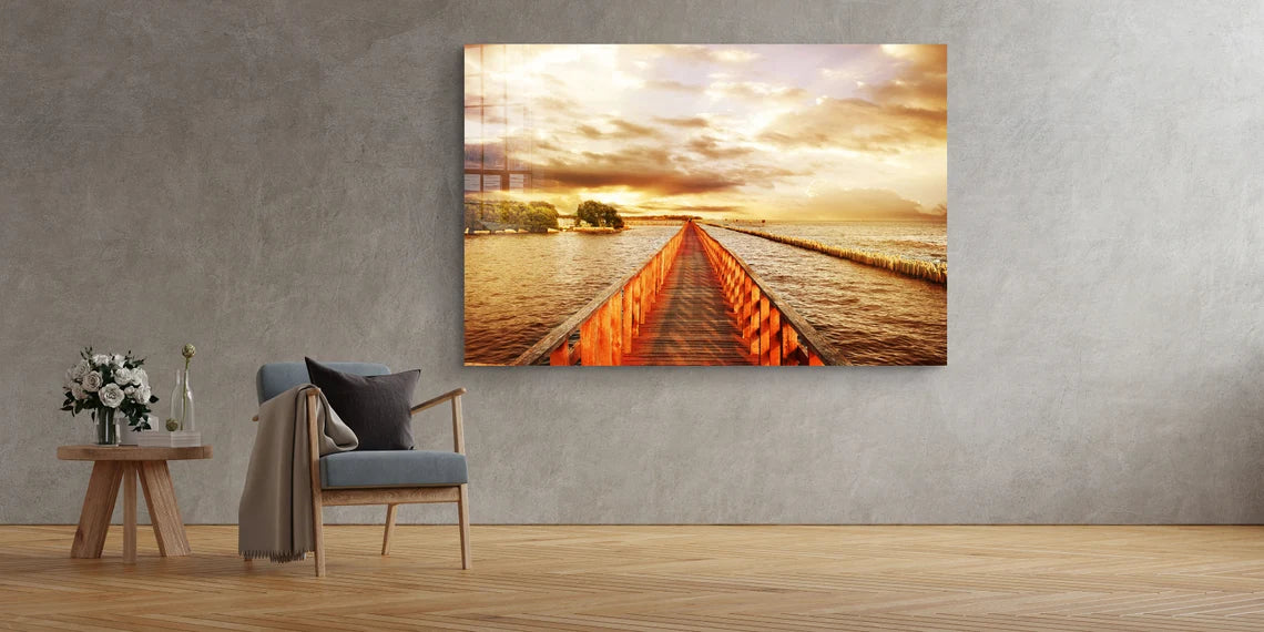 Wooden Path on Sea Print Tempered Glass Wall Art 100% Made in Australia Ready to Hang