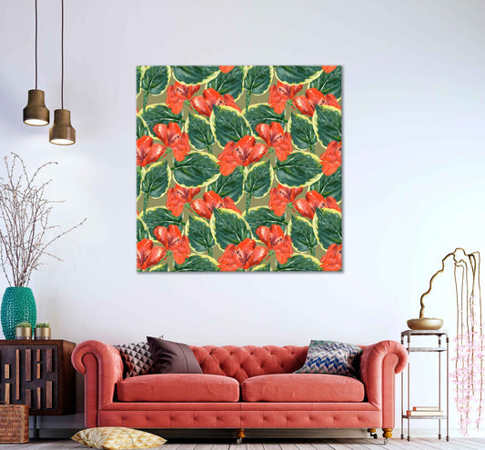 Square Canvas Red Flowers with Leaves Art High Quality Print 100% Australian Made