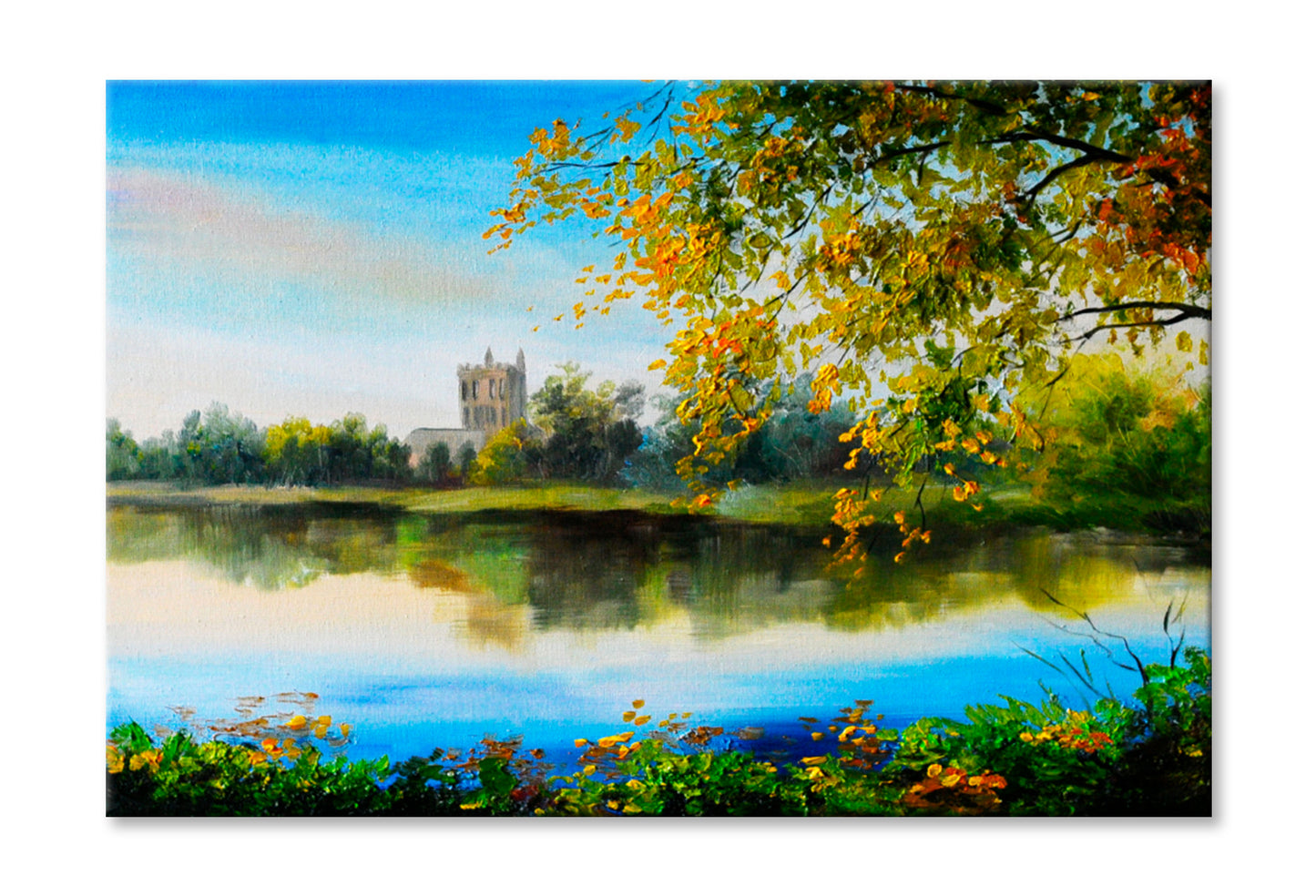 Castle Near Lake, Tree Over The Water Oil Painting Wall Art Limited Edition High Quality Print Stretched Canvas None