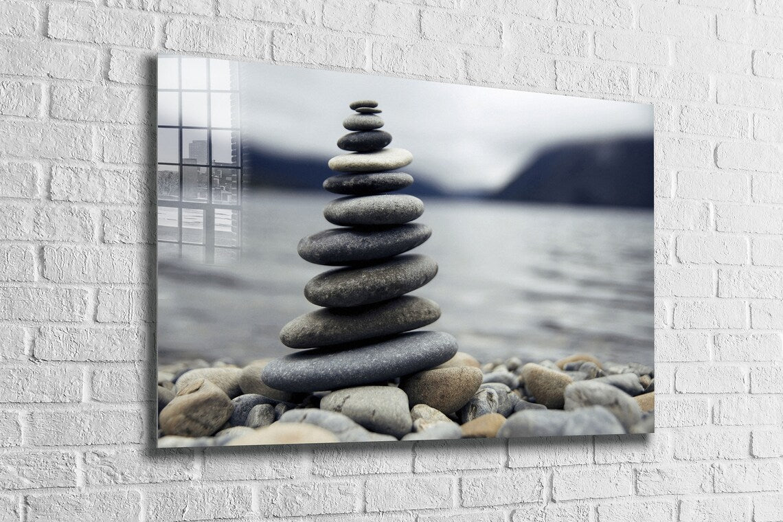 Zen Rocks near Lake Print Tempered Glass Wall Art 100% Made in Australia Ready to Hang