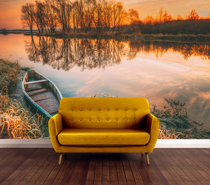 Wallpaper Murals Peel and Stick Removable Boat on Stunning Lake Scenery High Quality