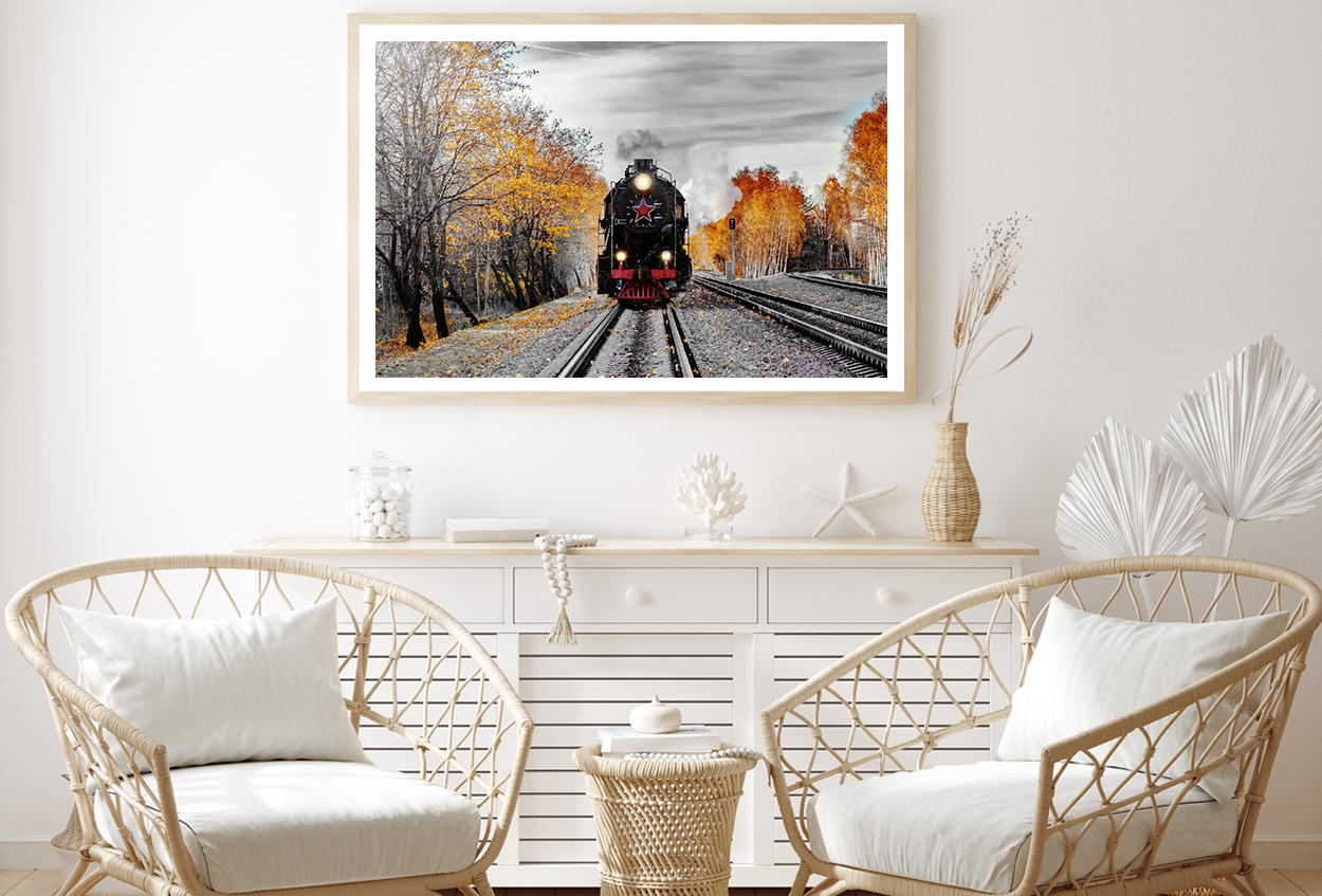 B&W Train & Autumn Trees Photograph Home Decor Premium Quality Poster Print Choose Your Sizes