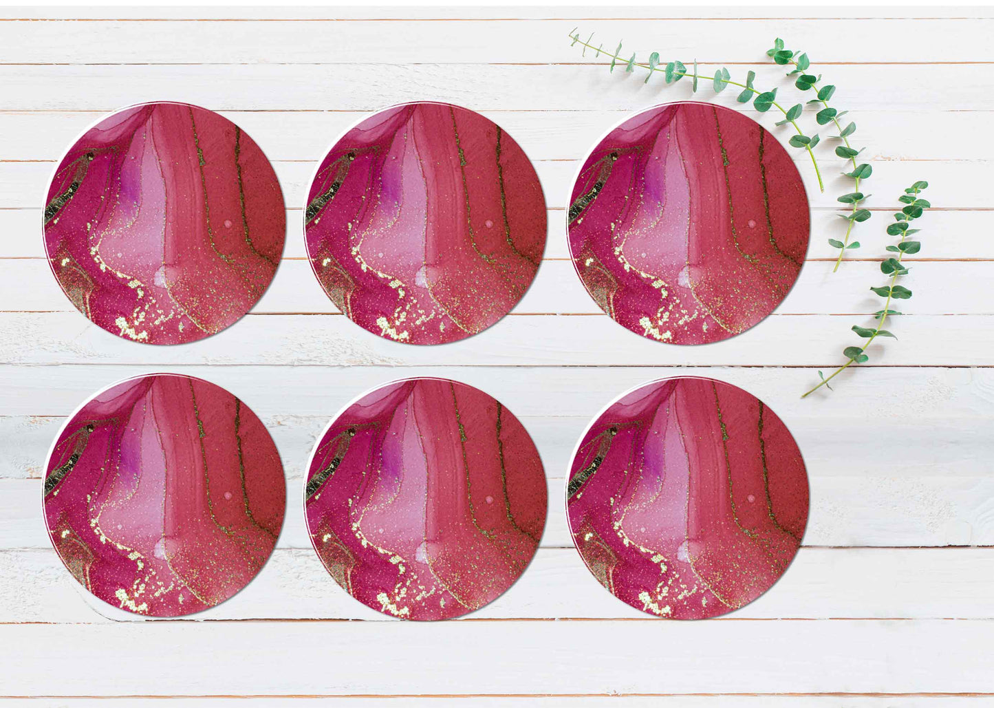 Red Pink Gold Splash Abstract Design Coasters Wood & Rubber - Set of 6 Coasters