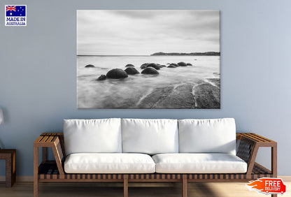 Rocks on Seashore Waves B&W View Photograph Print 100% Australian Made