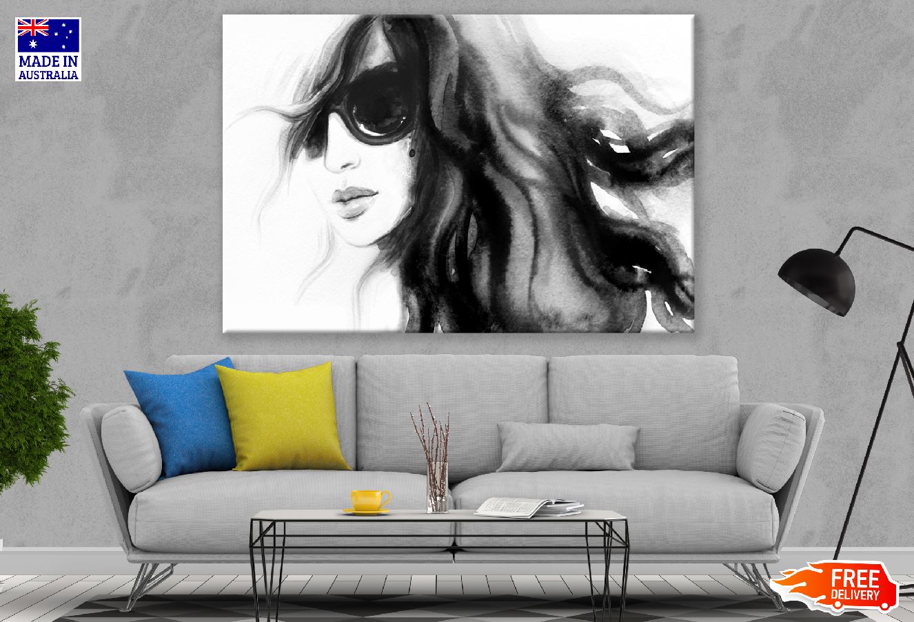 Young Women With Sunglasses & Long Hair B&W Watercolor Painting Print 100% Australian Made