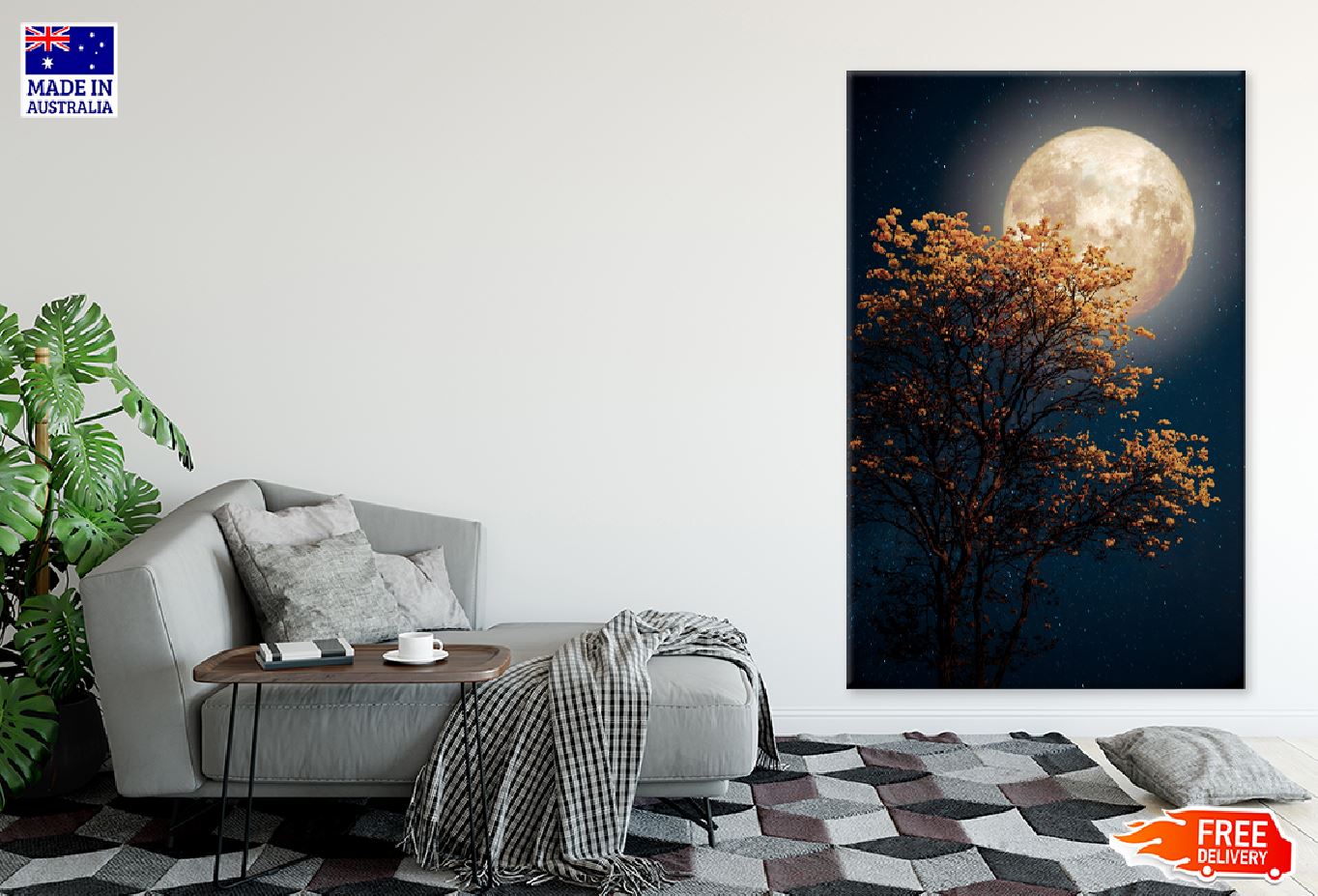 Autumn Tree with Full Moon View Photograph Print 100% Australian Made