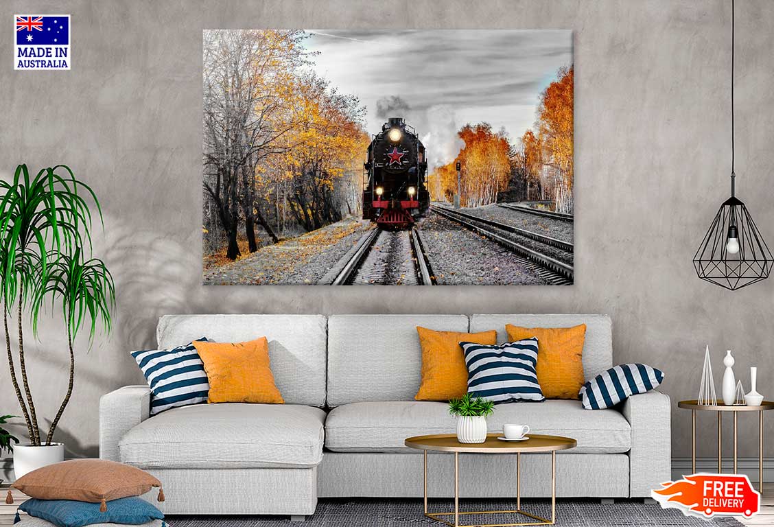 B&W Train & Autumn Trees View Photograph Print 100% Australian Made