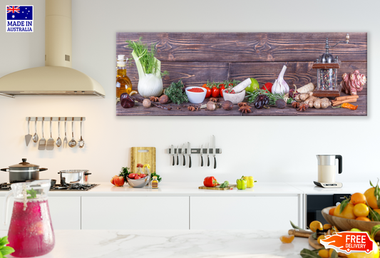 Panoramic Canvas Kitchen Spices & Vegetables High Quality 100% Australian made wall Canvas Print ready to hang