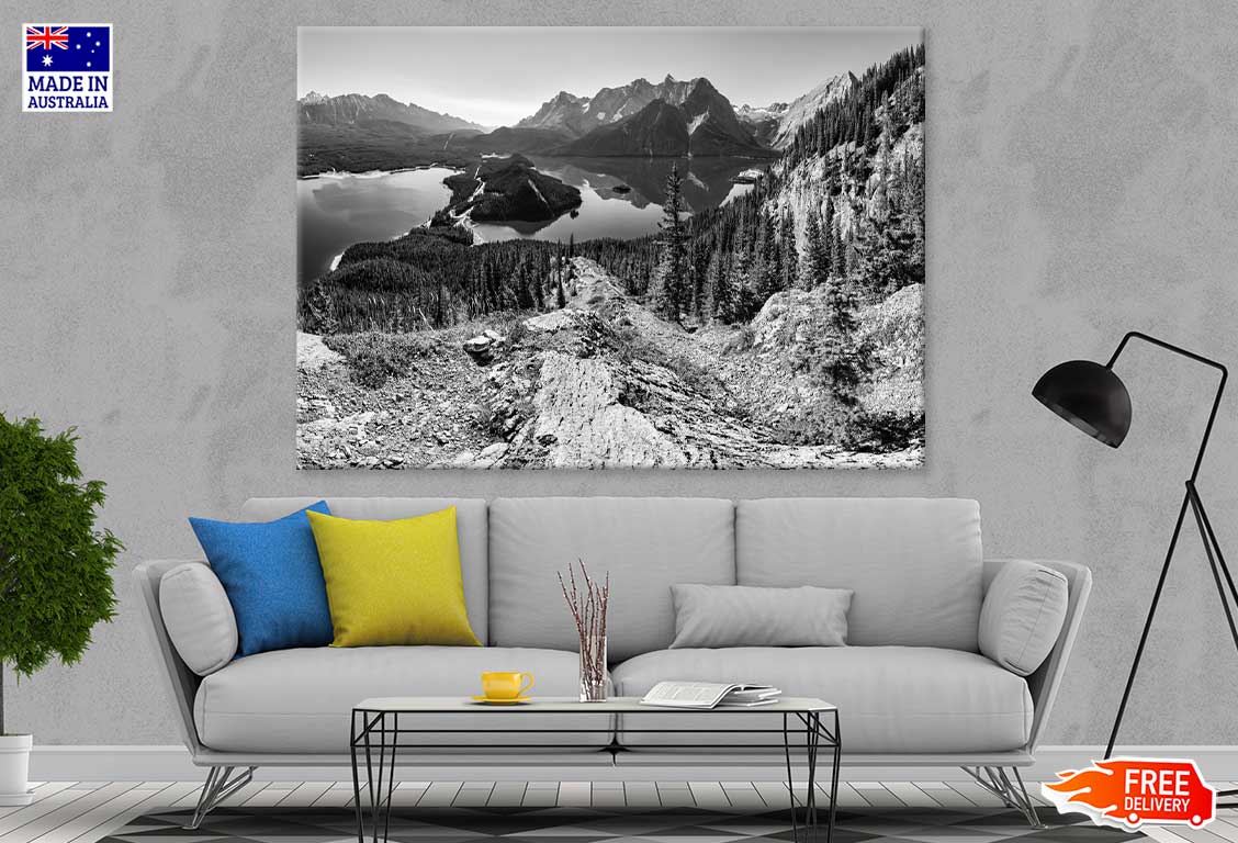 Lake & Mountain in Kananaskis B&W View Photograph Print 100% Australian Made