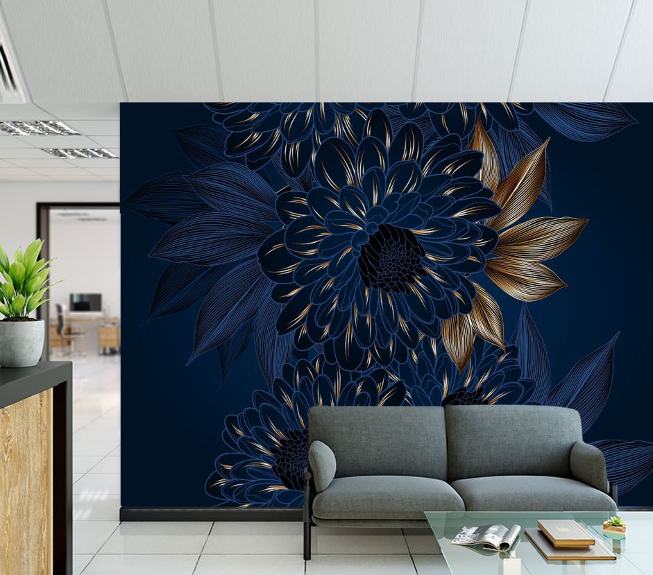 Wallpaper Murals Peel and Stick Removable Blue & Gold Floral Abstract Design High Quality