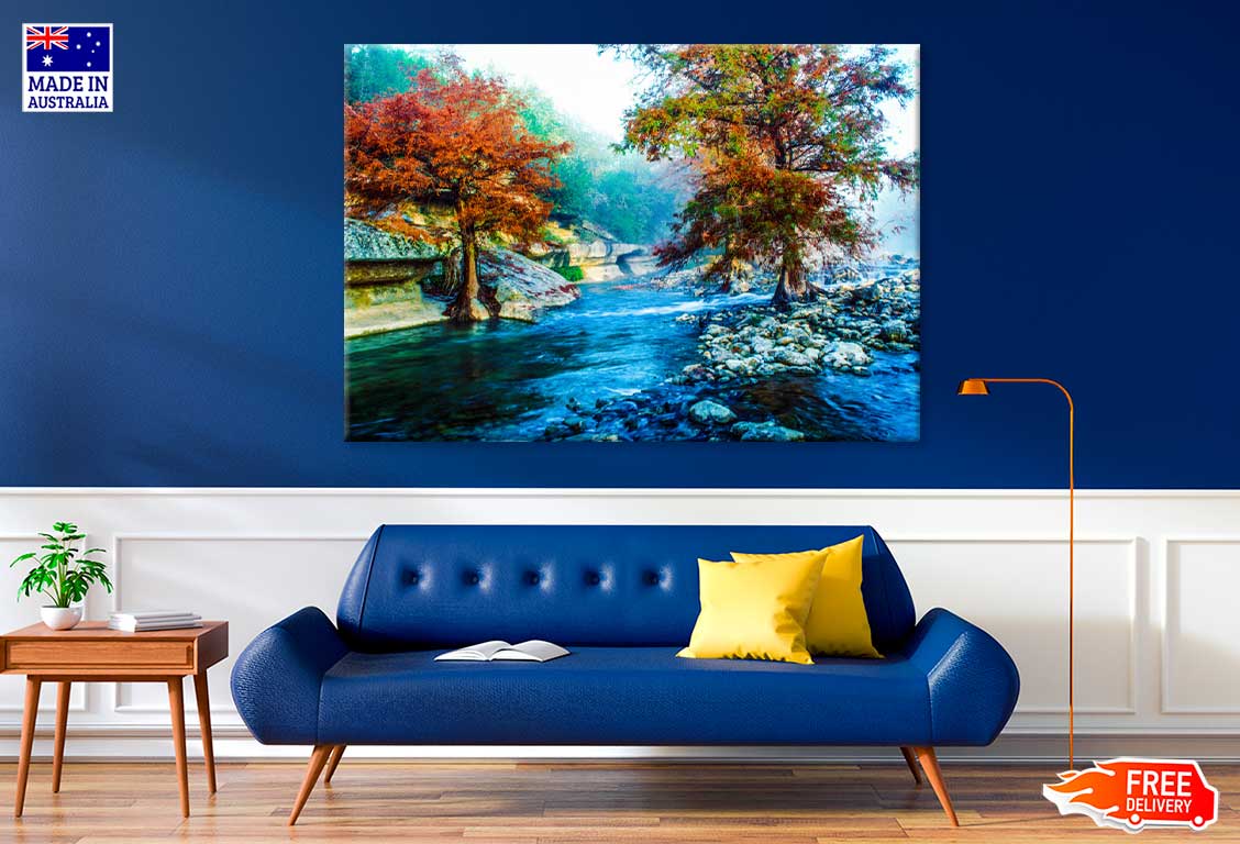 Autumn Trees on Lake Scenery Painting Print 100% Australian Made