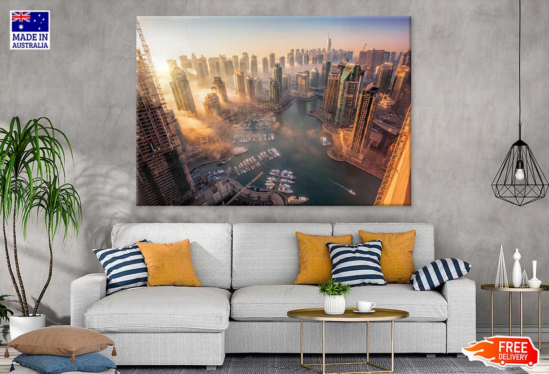 Dubai Marina with Sunset Aerial View Photograph Print 100% Australian Made