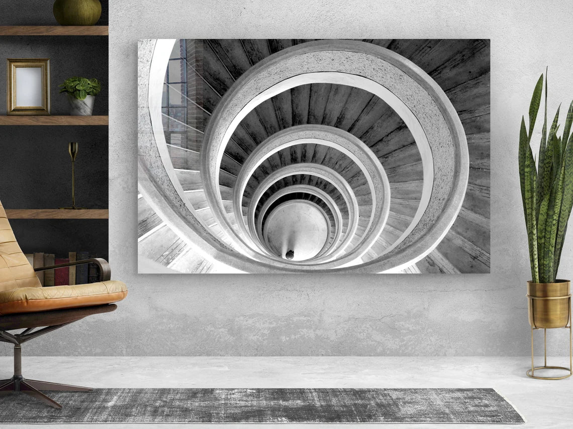 Curved Stair B&W View Print Tempered Glass Wall Art 100% Made in Australia Ready to Hang