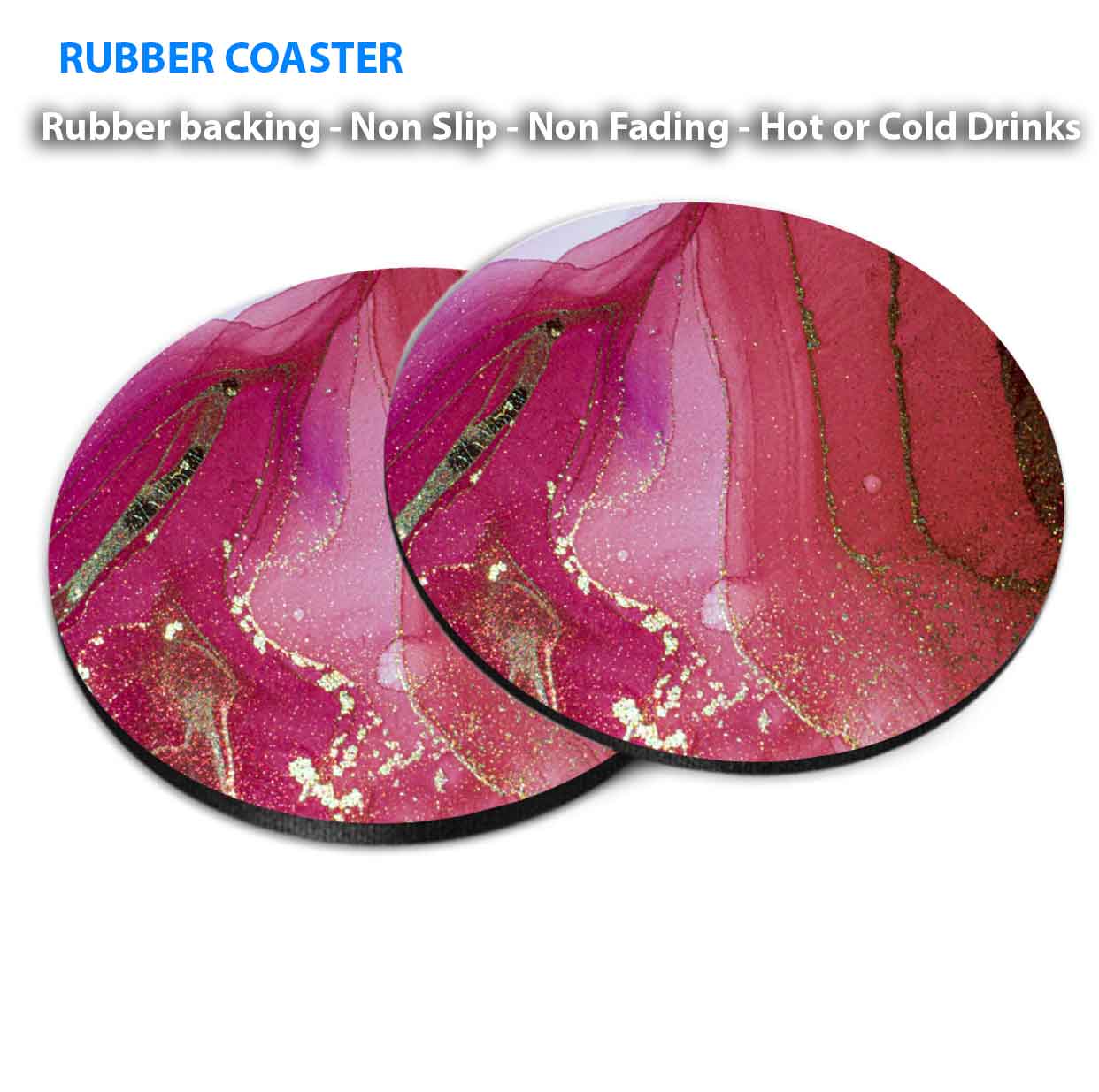 Red Pink Gold Splash Abstract Design Coasters Wood & Rubber - Set of 6 Coasters